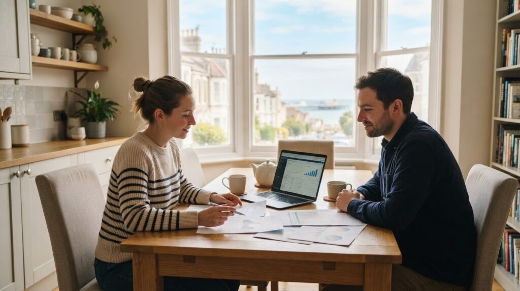 Homeowners reviewing fixed rate mortgage options in a bright Brighton home.