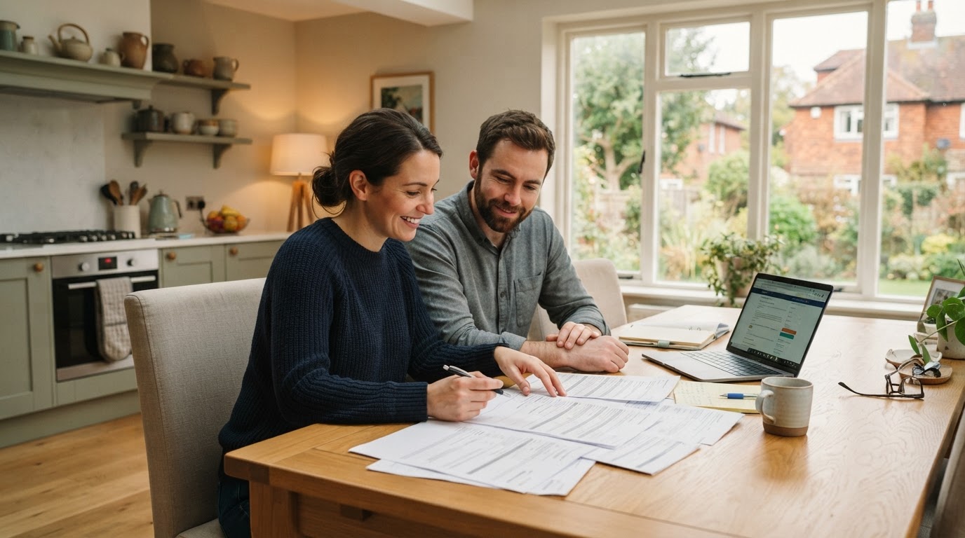 Couple reviewing mortgage paperwork in a bright Sussex home.