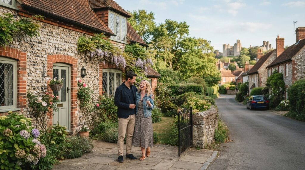 Couple considering a home purchase in a traditional Sussex setting.