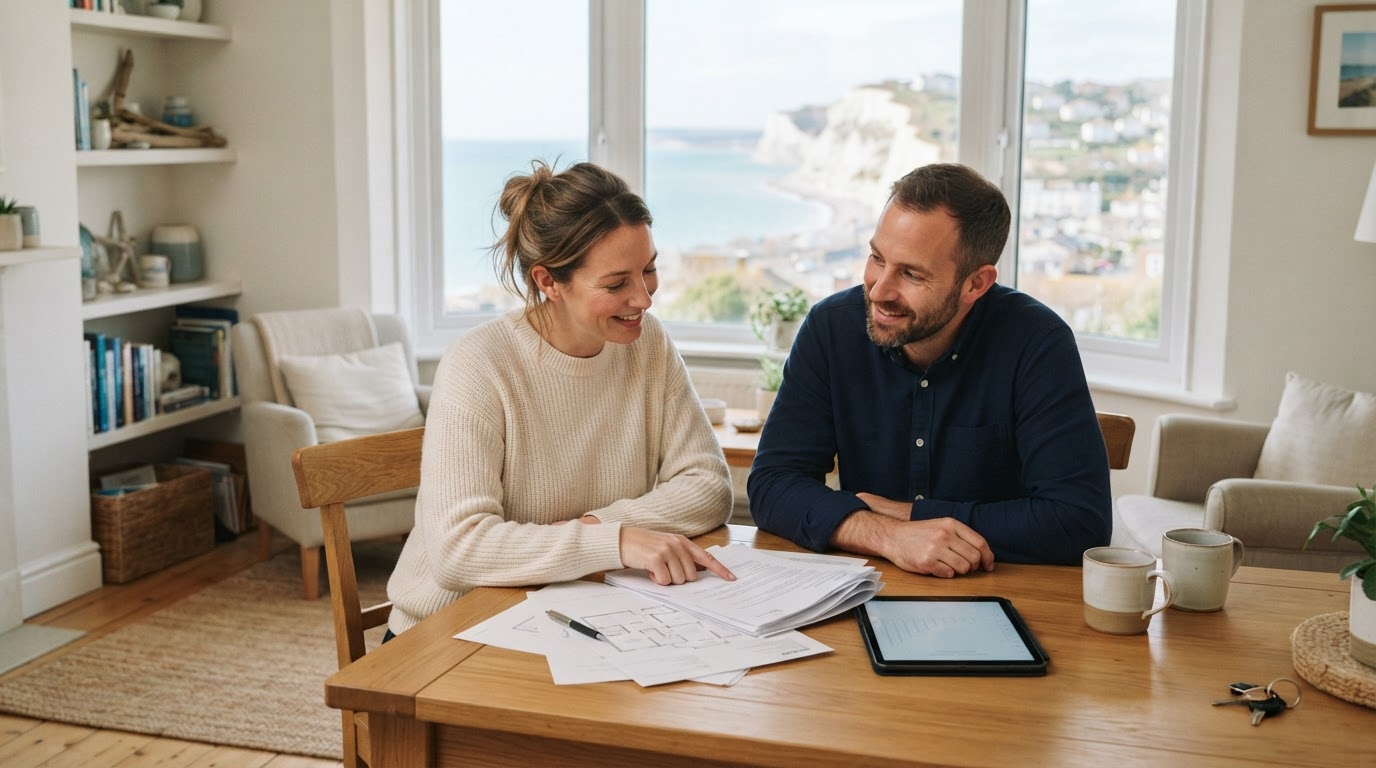 Homeowner reviewing mortgage paperwork in a bright coastal Sussex home.